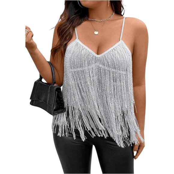 Women's Plus Size Sequin Fringed Asymmetrical Cami Top Party Club Wear - Picture 3 of 6